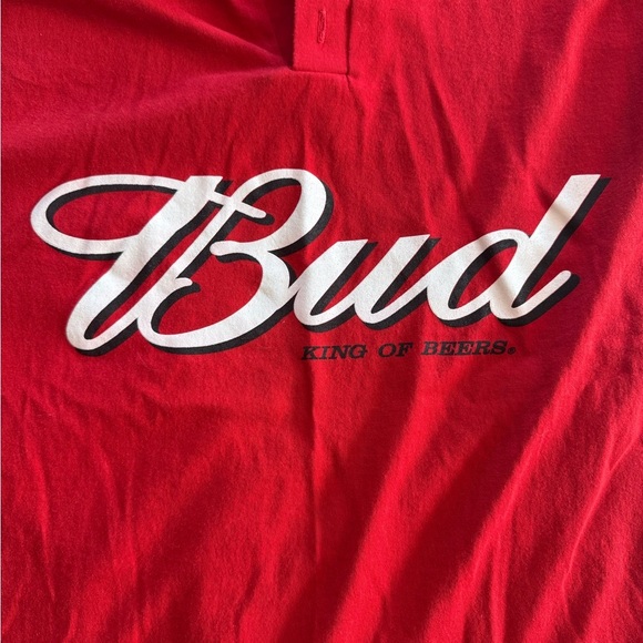 Vintage Budweiser Bud Beer Shirt Red 2-Button “King of Beers” DA Patch Size XL - Picture 2 of 4